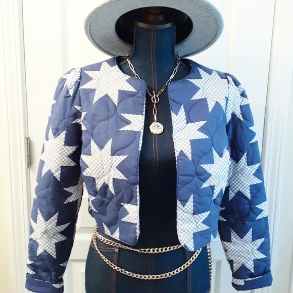 💎NWT Star Quilted Blue & White Crop Jacket - Picture 6 of 14